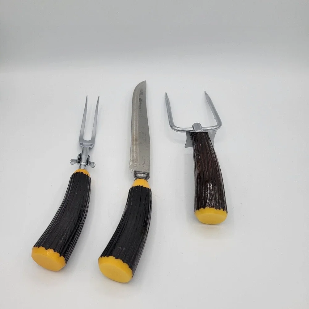 Burns 3 Piece Carving Set Stag Horn Style Handles Vintage Kitchen Accessories‎
